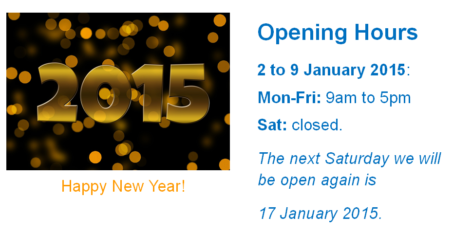 2 January to 9 January 2015: library open 9 am to 5pm