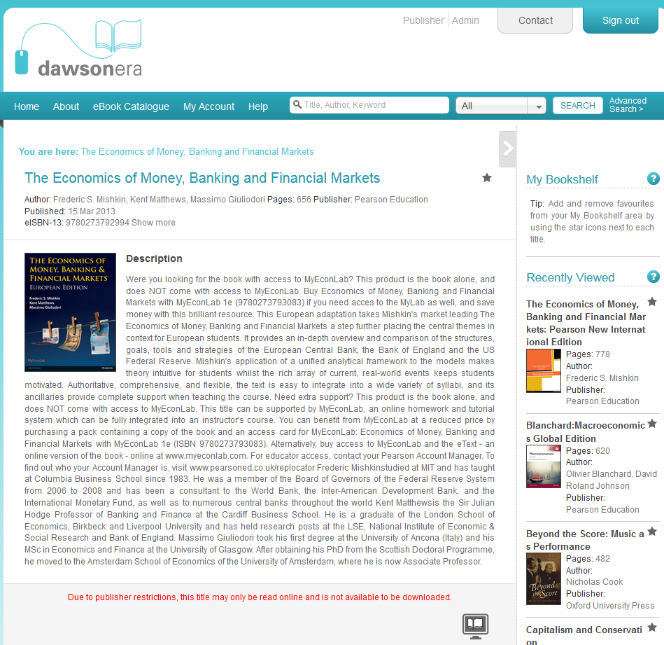 Mishkin ebook on Dawsonera 'read online' only